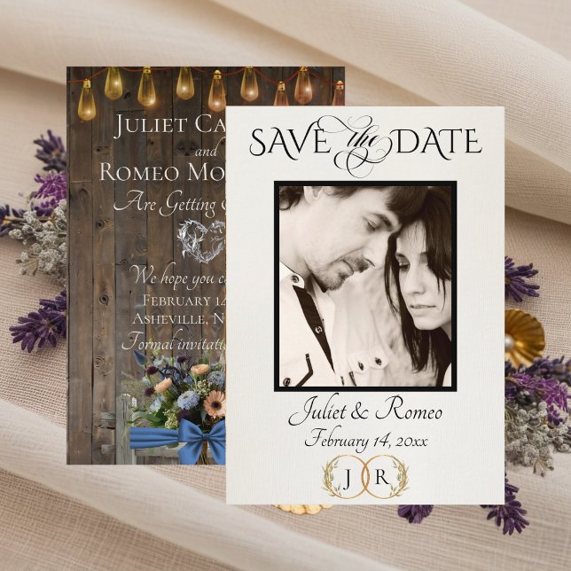 Photo, Wildflowers & Leaf Monogram - Blue Save The Date (Creator Uploaded)