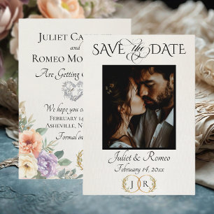 Photo, Wildflowers & Leaf Monogram - Ivory Save The Date