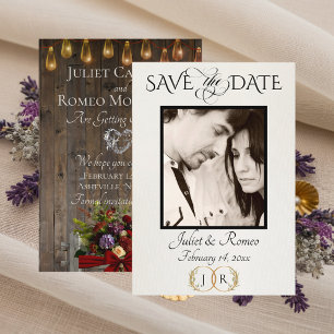 Photo, Wildflowers & Leaf Monogram - Red Save The Date