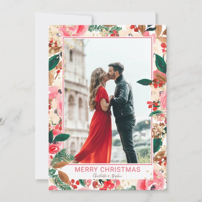 Photo Winter Merry Christmas floral Watercolor Holiday Card (Front)