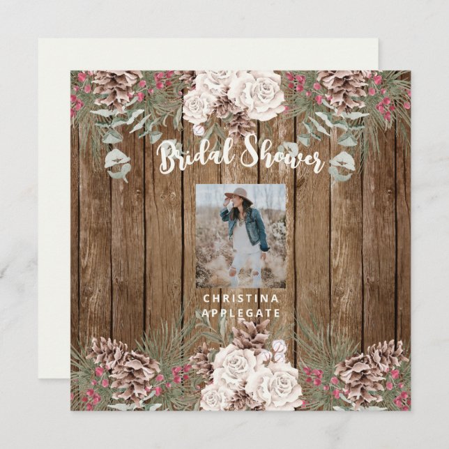 Photo Winter Pine Rustic Bridal Shower Square Invitation (Front/Back)