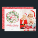 PHOTO Winter Wreath Holiday Flat Christmas Card<br><div class="desc">Your family photo is on the right. A modern white poinsettia,  holly and red berry wreath is to the left. Holiday greeting is below. Your name and the year follow.</div>