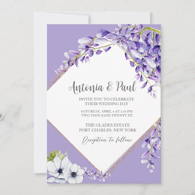  Photo Wisteria Blooms QR Code Wedding Invitation (Front)