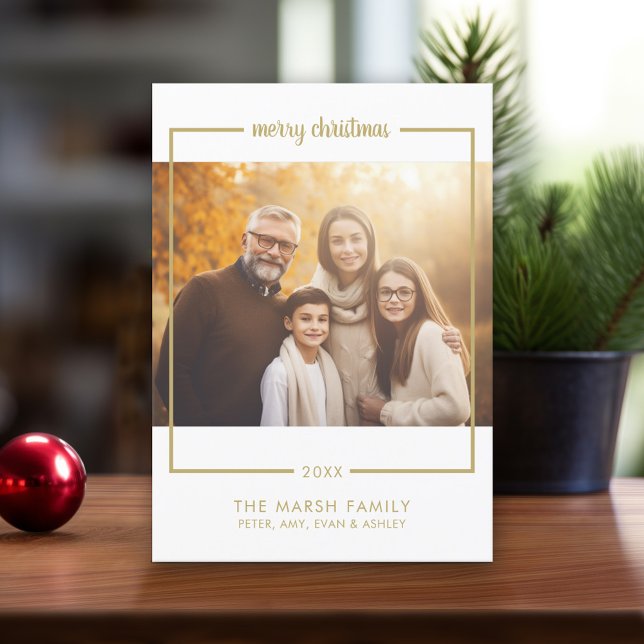 Photo with Border Minimal Merry Christmas gold Holiday Card (Modern Christmas Card with Photos)