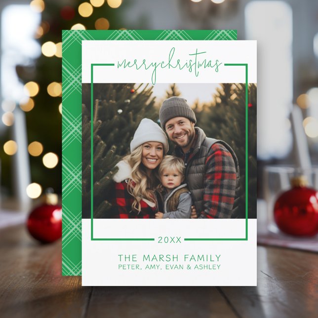 Photo with Border Minimal Merry Christmas green Holiday Card (Modern Christmas Photo Greeting Card)