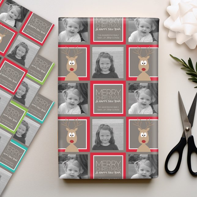 Photo with Cartoon Reindeer with Merry Christmas Wrapping Paper Sheet (Personalized Photo Wrapping Paper)