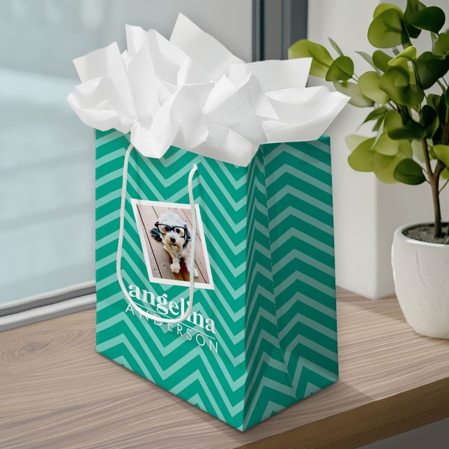 Photo with Chevron Pattern and Custom Name Medium Gift Bag (Custom Gift Bag)