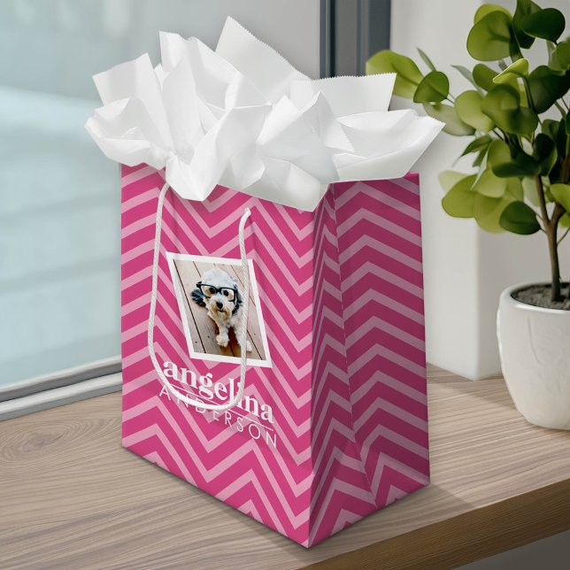 Photo with Chevron Pattern and Custom Name Medium Gift Bag (Custom Gift Bag)