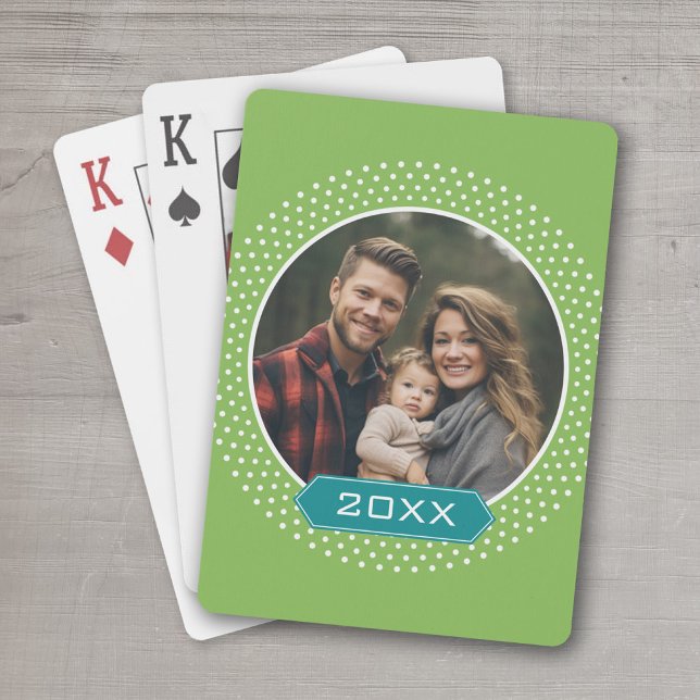 Photo with Custom Year - Lime Polka Dot Frame Playing Cards (Add a photo and the year to this set of personalized playing cards.)