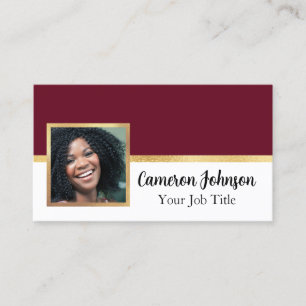 Photo with Elegant Script and Gold on Burgundy Business Card