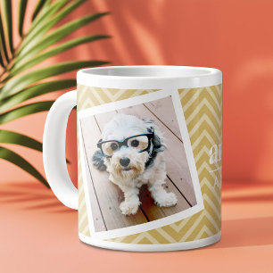 Photo with Gold Chevron Pattern and Custom Name Large Coffee Mug