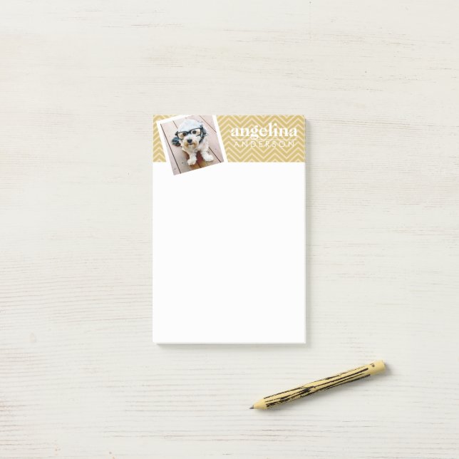Photo with Gold Chevron Pattern and Custom Name Post-it Notes (On Desk)