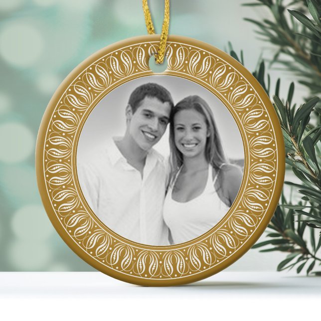 Photo with gold filigree border ceramic tree decoration (Personalized Christmas Photo Ornament)