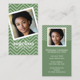 Photo with Green Chevron Pattern Custom Name Business Card