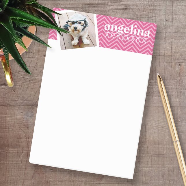 Photo with Hot Pink Chevron Pattern Custom Name Post-it Notes (Personalized Post-it Notes - add your name and other social media contact information)