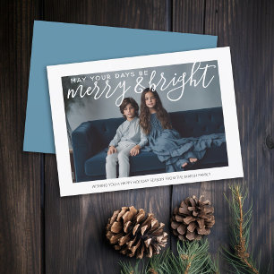 Photo with huge Merry and Bright - pastel blue Holiday Card