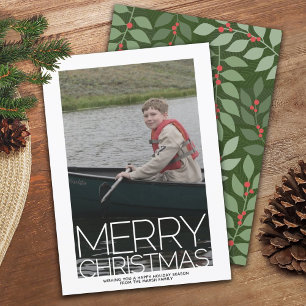 Photo with huge Merry Christmas - botanical back Holiday Card