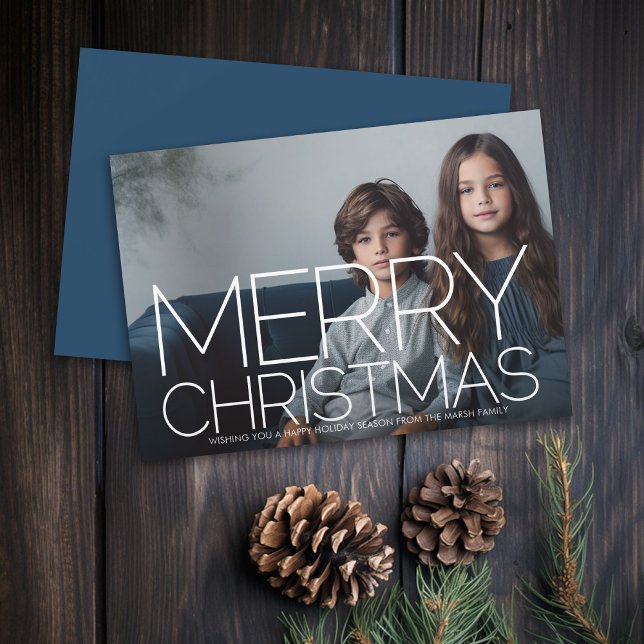 Photo with huge Merry Christmas - navy blue Holiday Card (Rustic Modern Christmas Card with 1 Photo and Type Overlay - Print and Download Options)