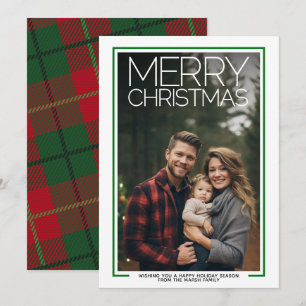Photo with huge MERRY CHRISTMAS Red Green Plaid Holiday Card