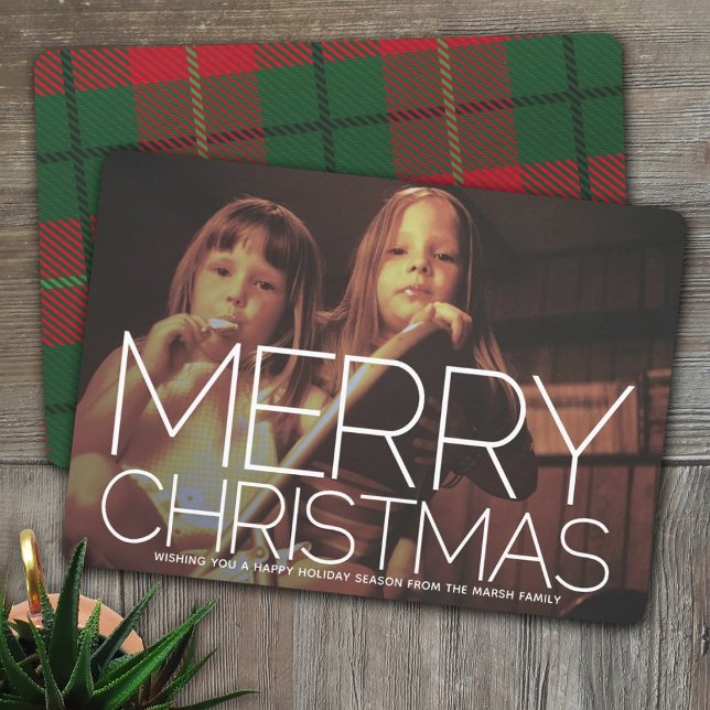 Photo with huge MERRY CHRISTMAS Red Green Plaid Holiday Card (Creator Uploaded)