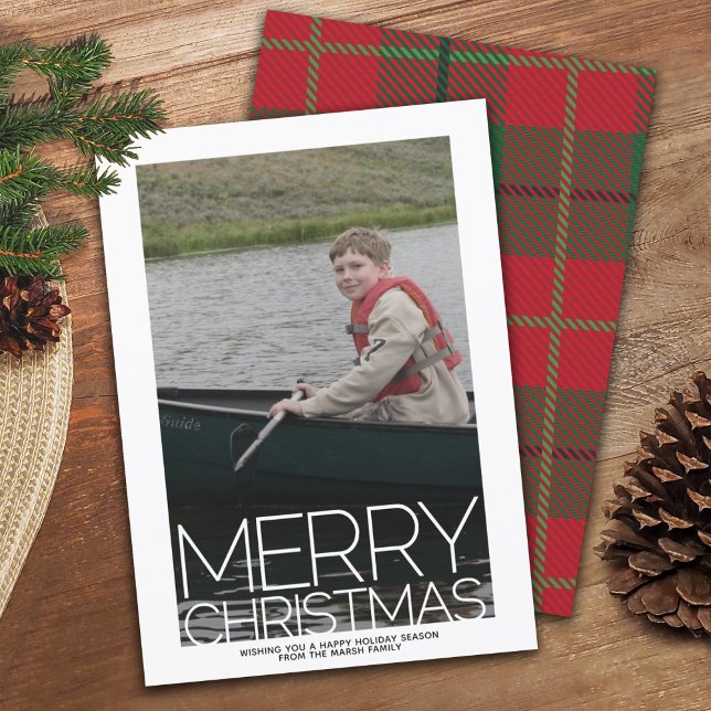 Photo with huge MERRY CHRISTMAS Red Green Plaid Holiday Card (Creator Uploaded)