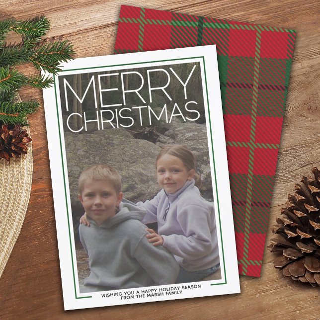 Photo with huge MERRY CHRISTMAS Red Green Plaid Holiday Card (Creator Uploaded)