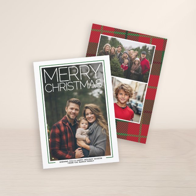 Photo with huge MERRY CHRISTMAS Red Green Plaid Holiday Card (3 Photo Christmas Card with Huge White Type Overlay - Print and Download Option)