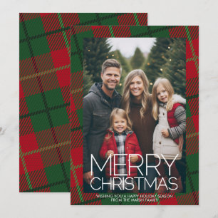 Photo with huge MERRY CHRISTMAS Red Green Plaid Holiday Card