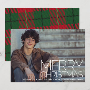 Photo with huge MERRY CHRISTMAS Red Green Plaid Holiday Card