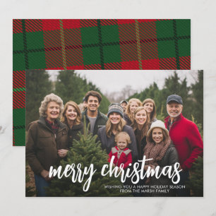 Photo with huge MERRY Christmas  - Red Green Plaid Holiday Card