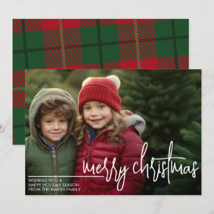 Photo with huge MERRY Christmas  - Red Green Plaid Holiday Card