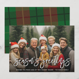 Photo with huge Season's Greetings Red Green Plaid Holiday Card