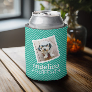 Photo with Modern Chevron Pattern and Custom Name Can Cooler
