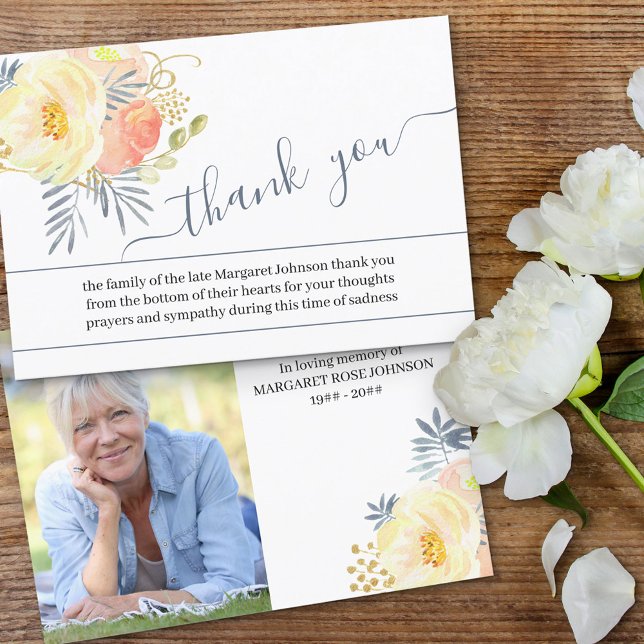 Photo with Peach Yellow Flowers and Script Funeral Thank You Card (Creator Uploaded)