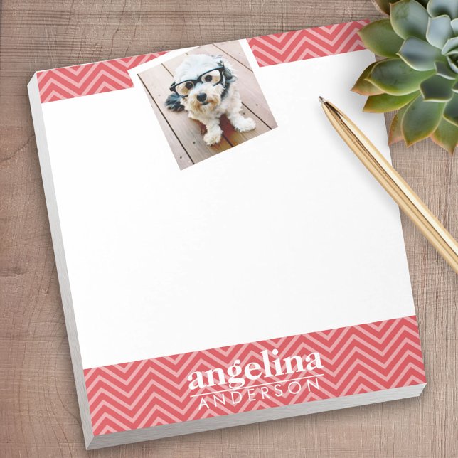 Photo with Red Chevron Pattern Custom Name Notepad (Personalized Notepad - a fun gift or useful promotional product)