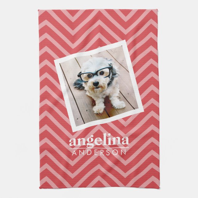 Photo with Red Chevron Pattern Custom Name Tea Towel (Vertical)