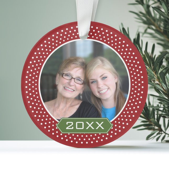 Photo with Red Polka Dot Frame and Custom Year Ornament (Personalized Ornament with Photo - Pet)