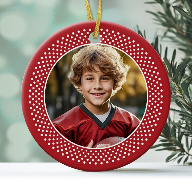 Photo with Red White Polka Dot Border Ceramic Tree Decoration (Photo Ornament with a red and white polka dot border)