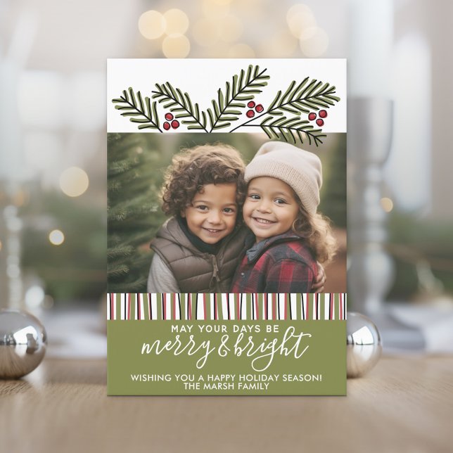 Photo with Retro Christmas Pine Branches Holiday Card (Photo Christmas Card)