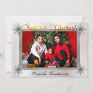 Photo with Silver Border & Snowflakes on Pearl Holiday Card