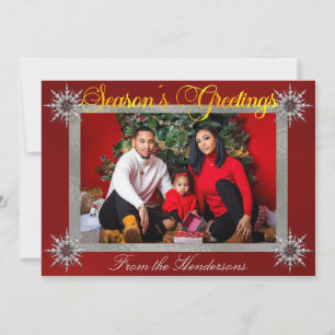 Photo with Silver Border & Snowflakes on Red Holiday Card