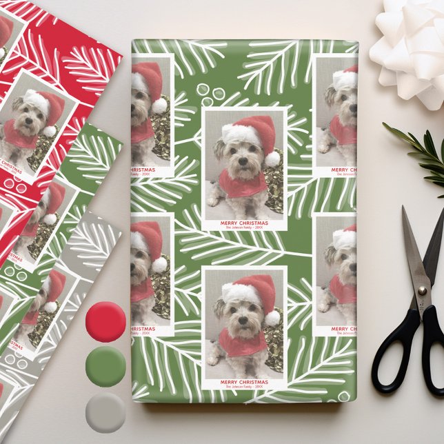 Photo with Whimsical Branches Merry Christmas Wrapping Paper Sheet (Personalized Photo Wrapping Paper)