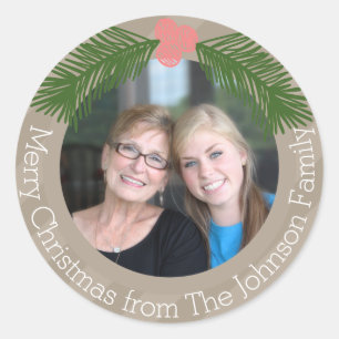 Photo with Whimsical Holiday Berry Illustration Classic Round Sticker