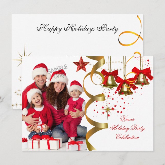 Photo Xmas Holiday Christmas Party Gold Red Black Invitation (Front/Back)