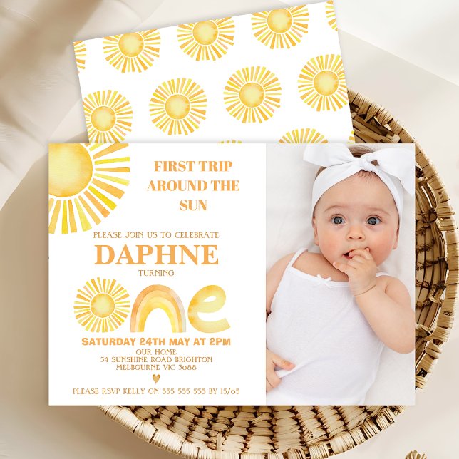 Photo Yellow First Trip Around Sun 1st Birthday Invitation (Modern Photo First Trip Around The Sun 1st Birthday Invitation Template, Sun Themed First Birthday )