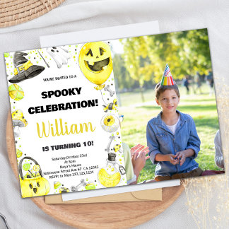 Photo Yellow Green Halloween Birthday Invitations