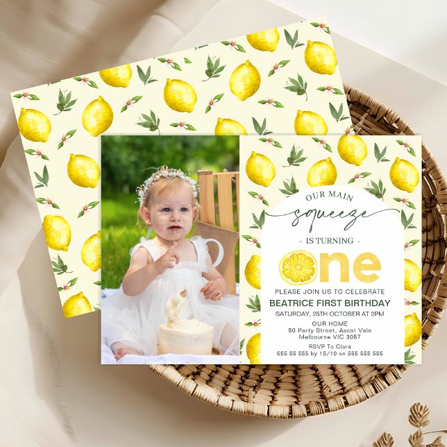 Photo Yellow Lemon Main Squeeze 1st Birthday Invitation (Modern Our Main Squeeze 1st Birthday Invitation Template Baby Girl, Lemon Themed 1st Birthday Invite)