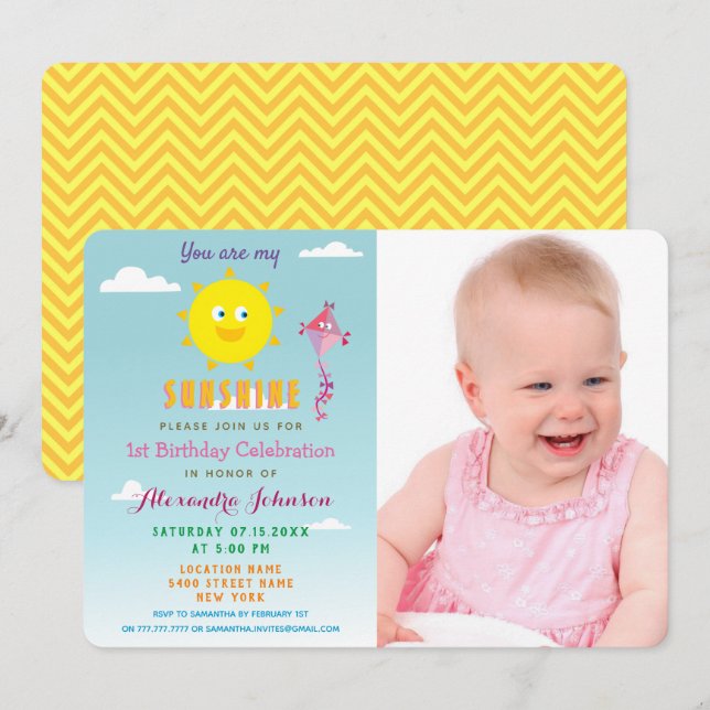 Photo You are my Sunshine, Girl 1st Birthday Invitation (Front/Back)