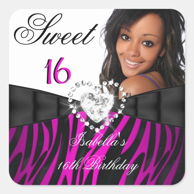 Photo Zebra Pink Silver Sweet 16 Sixteen Birthday Square Sticker (Front)