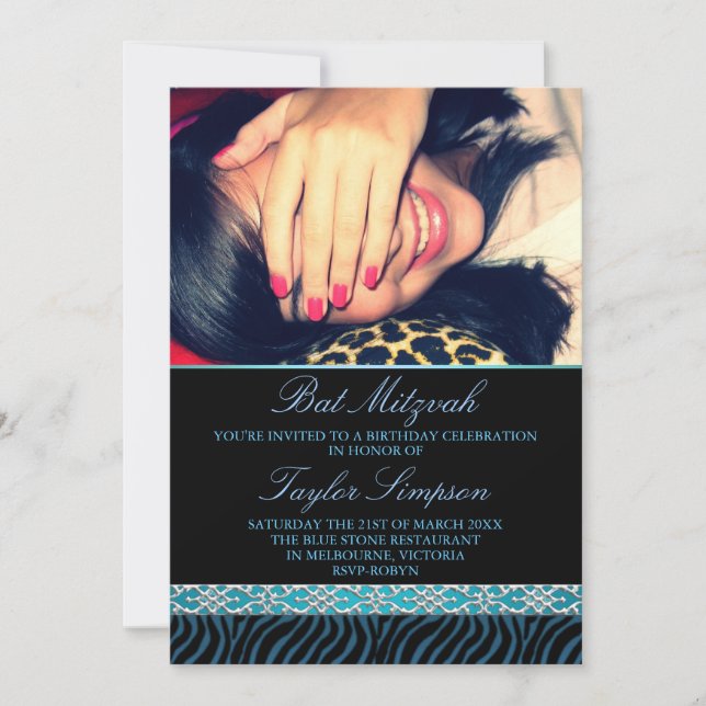 Photo Zebra Print Bat Mitzvah Birthday invite (Front)